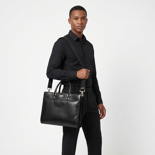 Leather Double Zip Briefcase Black