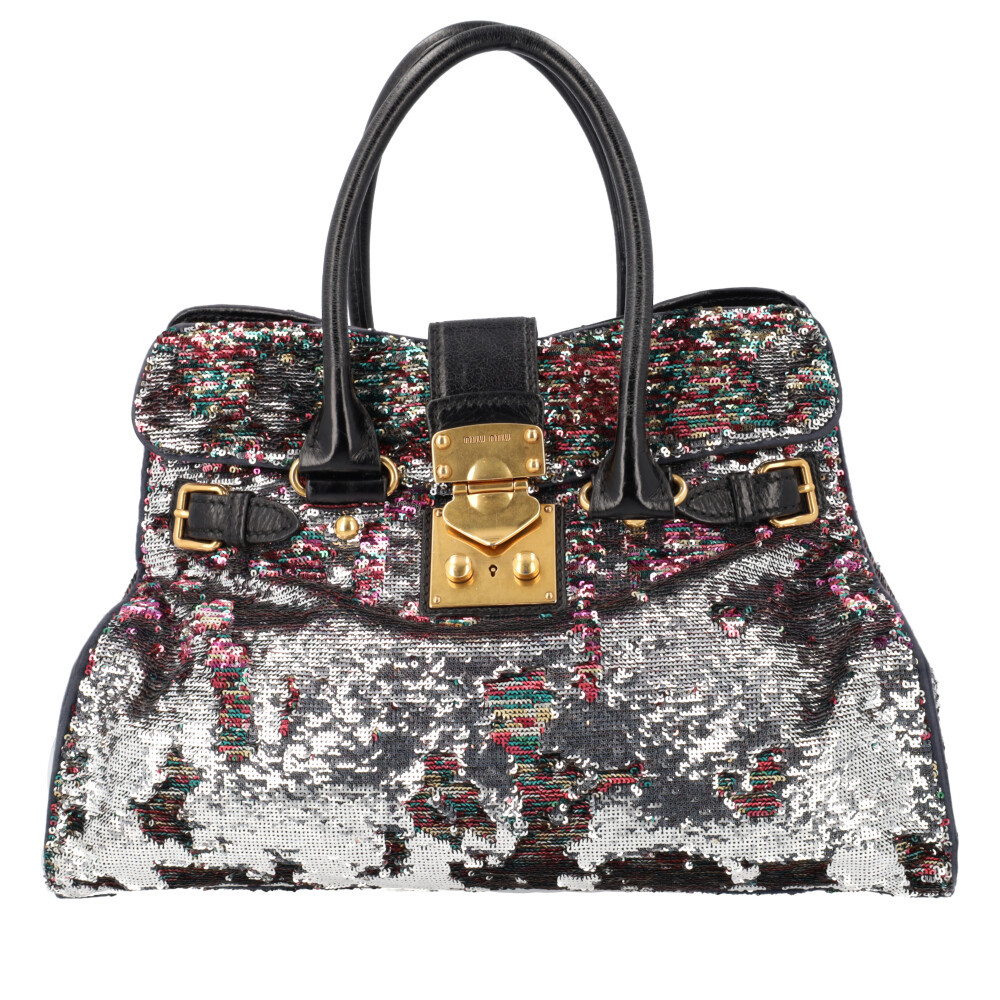 バッグ Miu Miu Sequin CrystalClutchBag Y2K Glam MIU MIU Sequin Top Handle Bag Silver/Purple | Luxity