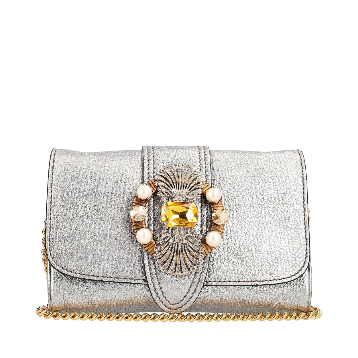 MIU MIU Metallic Leather Embellished Clutch/Bag Silver | Luxity