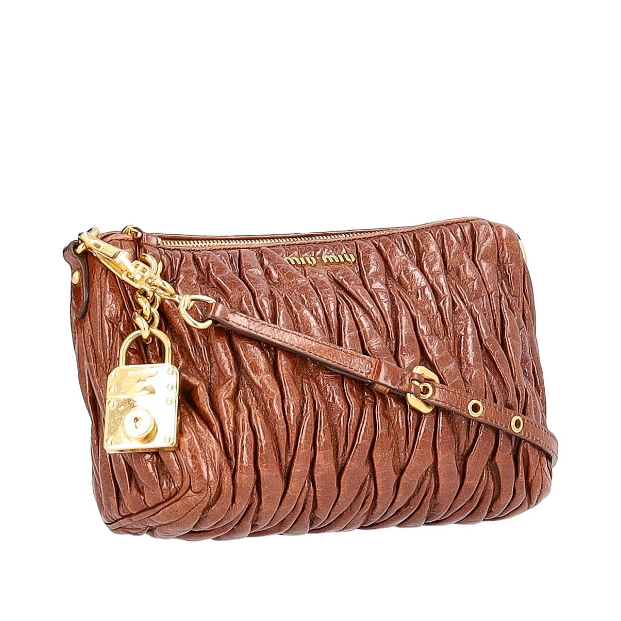 バッグ miumiu Mattelasse Lux Handbag Leather MIU MIU Leather Matelasse Lux Charm Mini Shoulder Bag Brown | Luxity