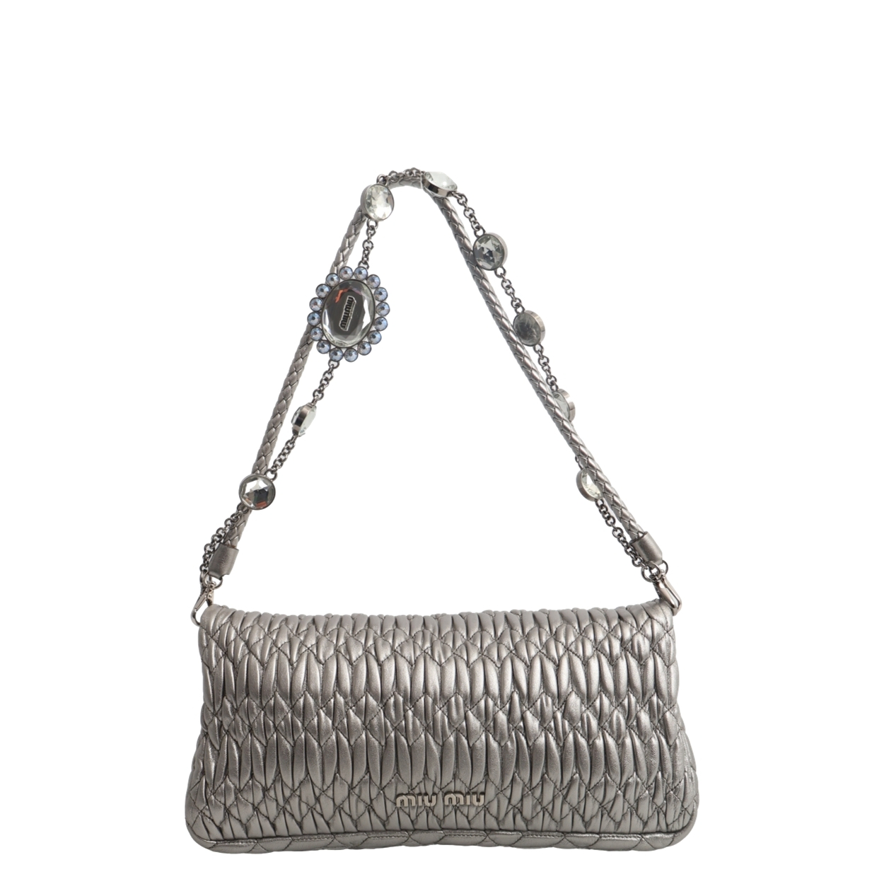バッグ Miu Miu Sequin CrystalClutchBag Y2K Glam MIU MIU Leather Matelasse Iconic Crystal Cloqué Bag Silver | Luxity