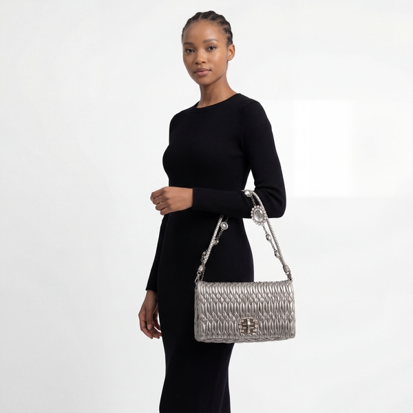 Leather Matelasse Iconic Crystal Cloqué Bag Silver