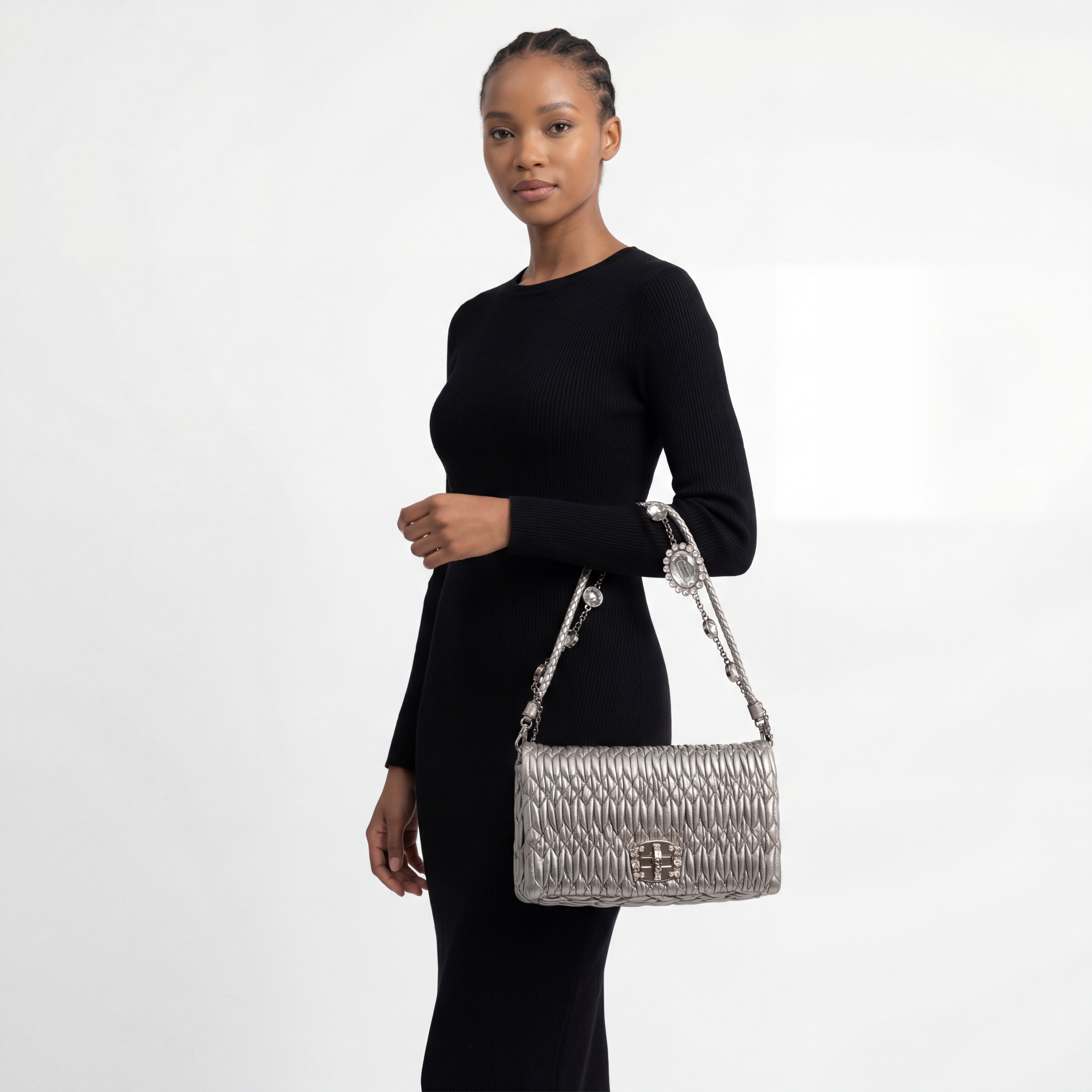 MIU MIU Leather Matelasse Iconic Crystal Cloqué Bag Silver | Luxity
