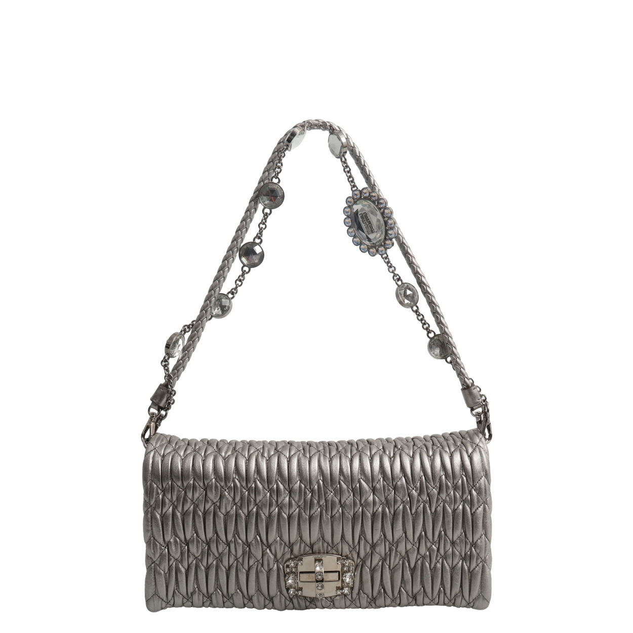 MIU MIU Leather Matelasse Iconic Crystal Cloqué Bag Silver | Luxity