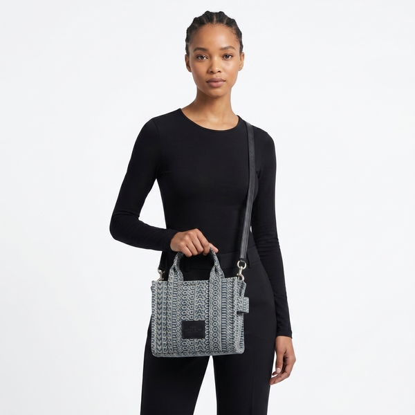 Denim Jacquard Micro Crossbody Tote Blue