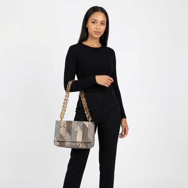 Croc/Python Patchwork Flap Bag Grey