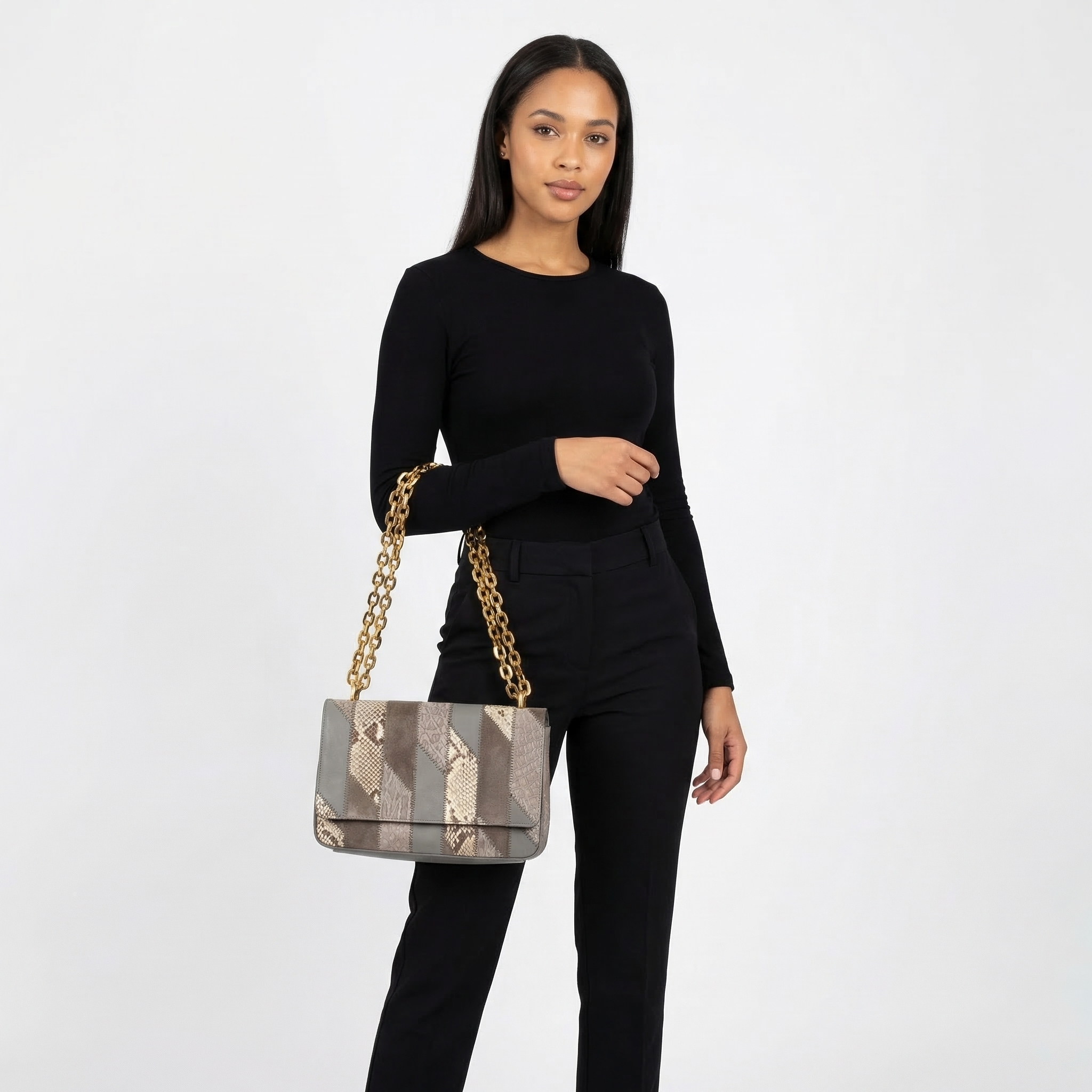 PRADA Croc/Python Patchwork Flap Bag Grey | Luxity