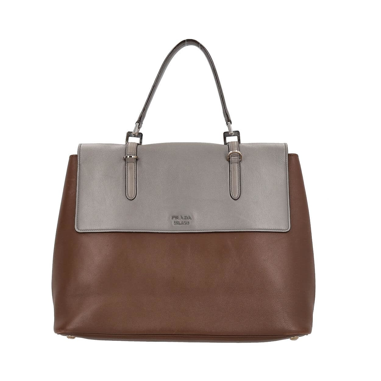 PRADA Leather Double Twist Lock Satchel Brown/Grey | Luxity