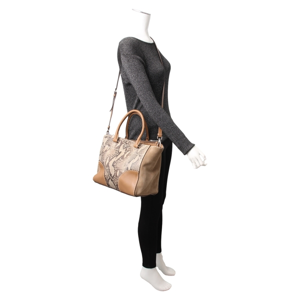 Mixed Material Medium Double Zip Tote Beige
