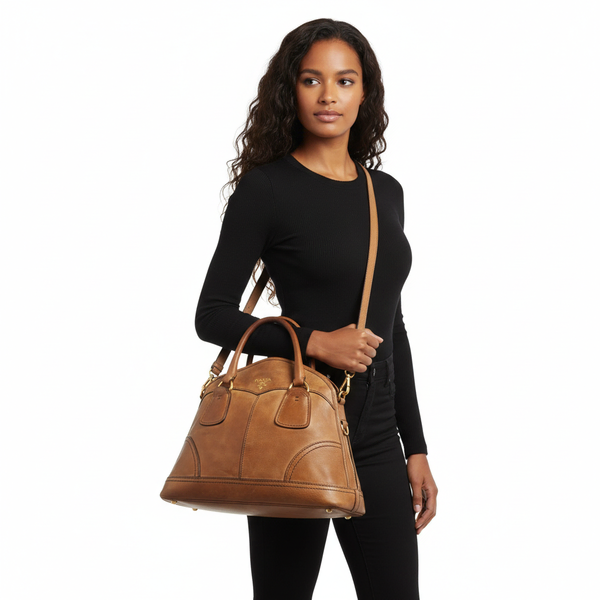 Leather Cervo Shine Bauletto Bowling Bag Brown