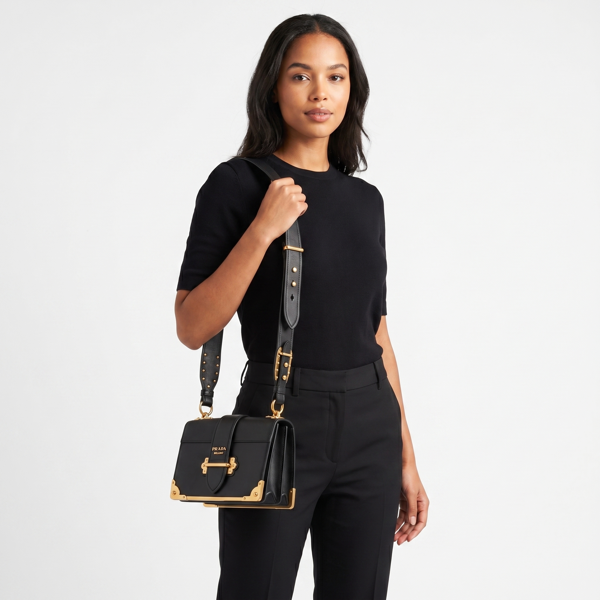 PRADA Leather Cahier Small Shoulder Bag Black | Luxity