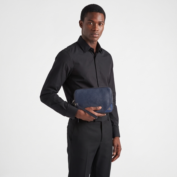 Saffiano Double Zip Clutch Navy