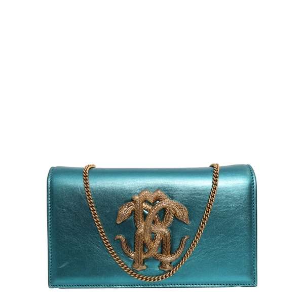 Metallic Leather Mirror Snake Shoulder Bag Teal