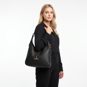 Leather Large Tara Zip Shoulder Bag Black, view 7