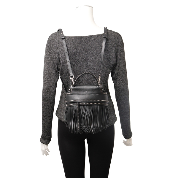 Leather Studded Fringe Wave Backpack Black