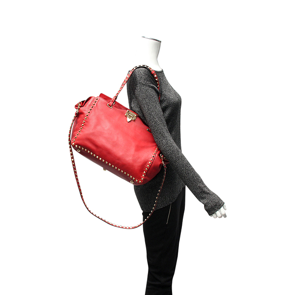 Leather Medium Rockstud Tote Red