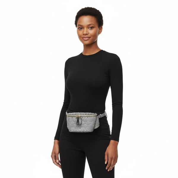 Leather Rockstud Spike Belt Bag Grey