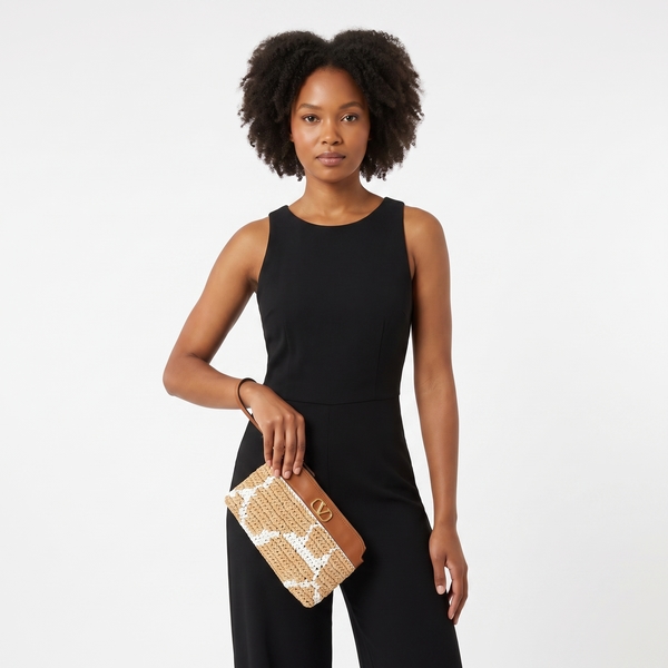 Leather/Raffia VLogo Wrist Pouch Natural/Brown