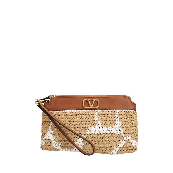 Leather/Raffia VLogo Wrist Pouch Natural/Brown