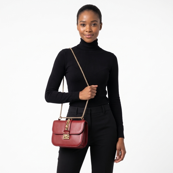 Leather Glam Lock Shoulder Bag Burgundy