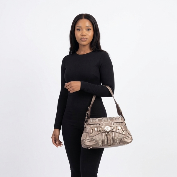 Jacquard Leather Trim Greca Medusa Shoulder Bag Grey