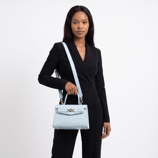 Leather Croc Effect Medusa 95 Small Bag Blue