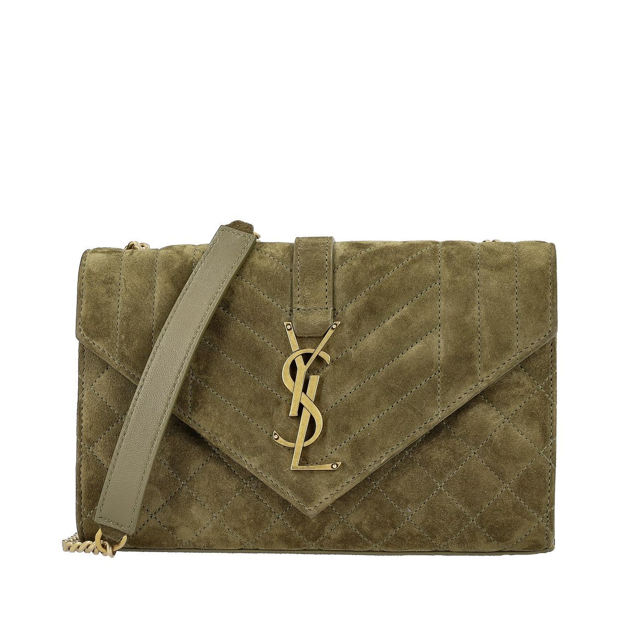 SAINT LAURENT Suede Envelope Small Triquilt Shoulder Bag Olive
