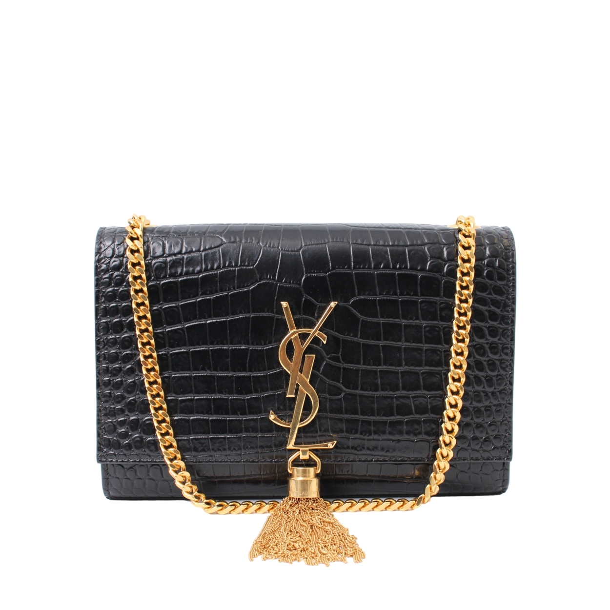 YVES SAINT LAURENT Croc Embossed Small Kate Tassel Shoulder Bag
