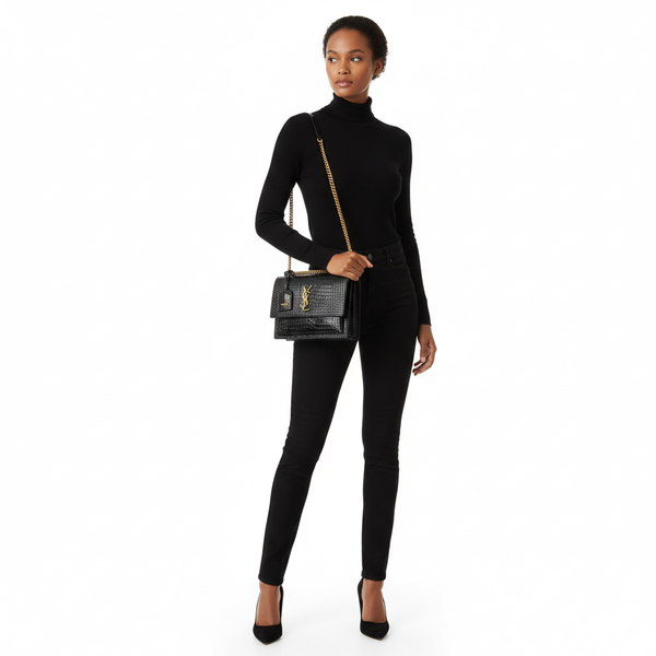 Croc Embossed Sunset Medium Shoulder Bag Black