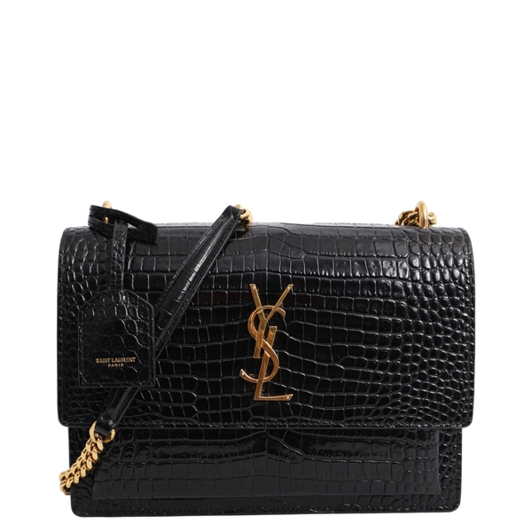 Croc Embossed Sunset Medium Shoulder Bag Black