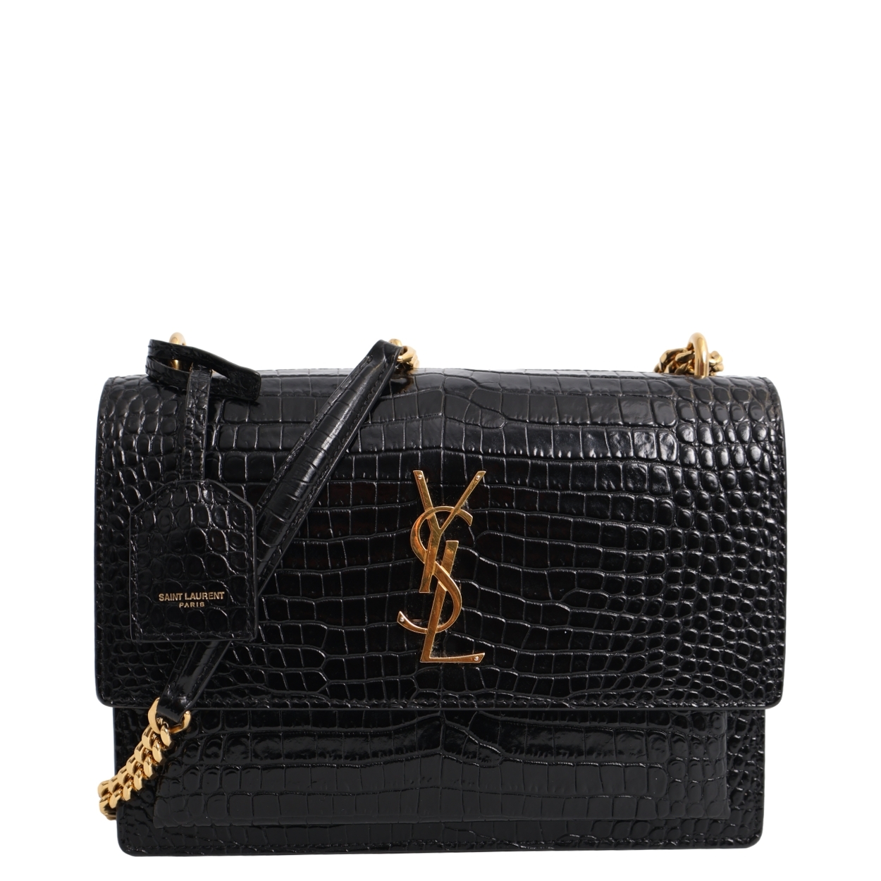 SAINT LAURENT Croc Embossed Sunset Medium Shoulder Bag Black | Luxity