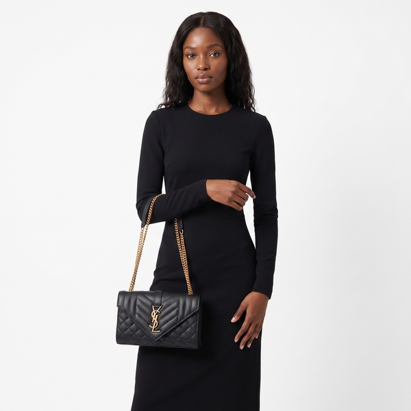 Quilted Grain Leather Small Envelope Shoulder Bag Black
