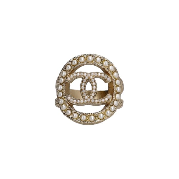 Faux Pearl CC Halo Ring Gold Tone