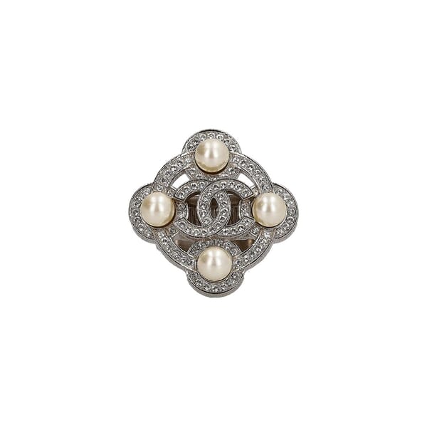 Faux Pearl/Crystal CC Cocktail Ring Silver Tone