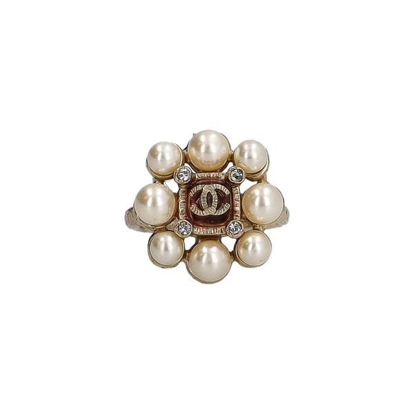 Faux Pearl/Crystal CC Cocktail Ring Gold Tone