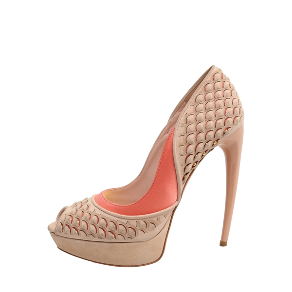 Suede Peep Toe Platform Pumps Beige/Coral