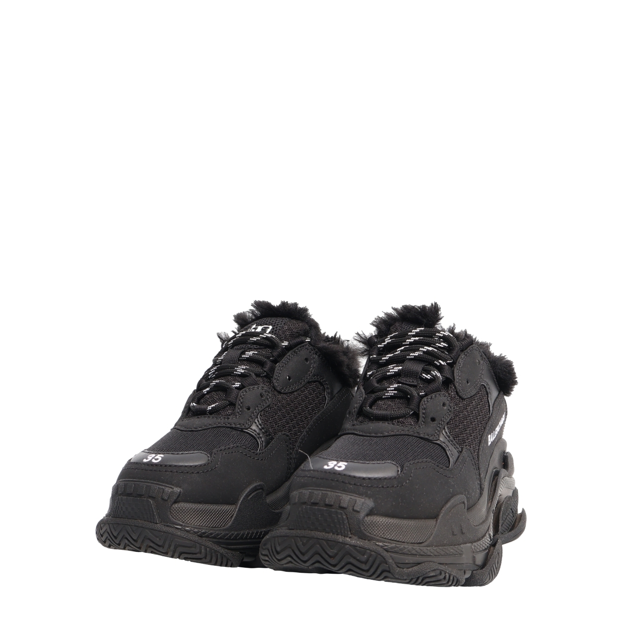 BALENCIAGA Mixed Material Triple S Fur Sneakers Black | Luxity