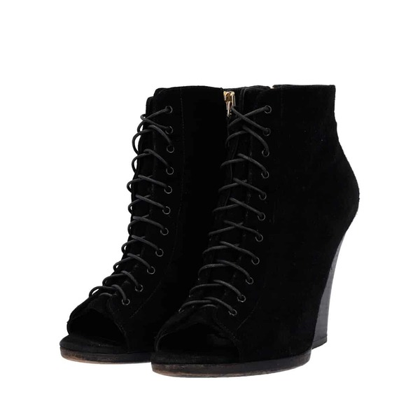 Suede Peep Toe Lace Up Booties Black