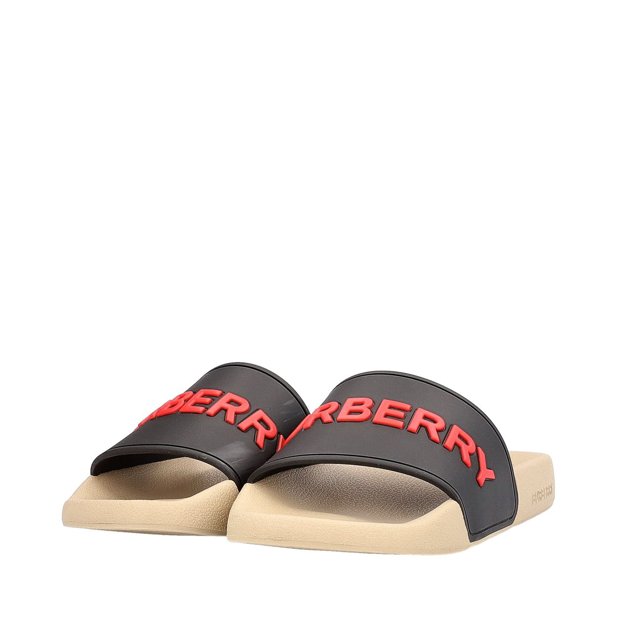 BURBERRY Rubber Logo Slides Beige/Black/Red | Luxity