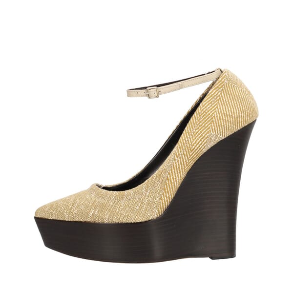 Tweed Ankle Strap Wedge Pumps Beige