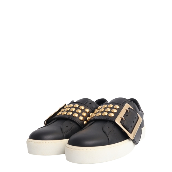Leather Studded Buckle Slip On Sneakers black