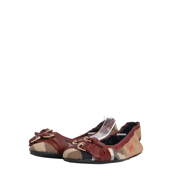 Leather/Check Elastic Flats Burgundy