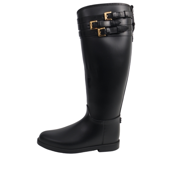 Rubber Belted Equestrian Wellington Rain Boots Black