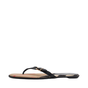 Leather/Canvas Check Thong Sandals Black, view 2