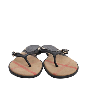 Leather/Canvas Check Thong Sandals Black, view 3