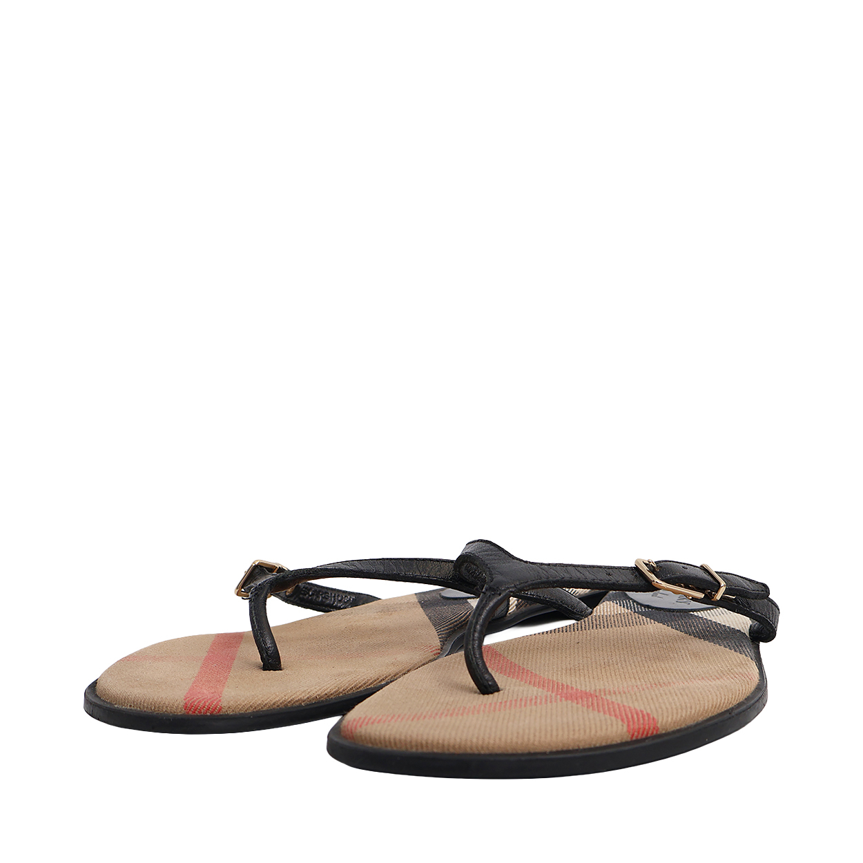 Leather/Canvas Check Thong Sandals Black