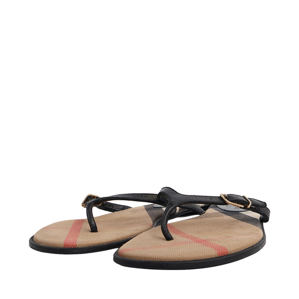 Leather/Canvas Check Thong Sandals Black
