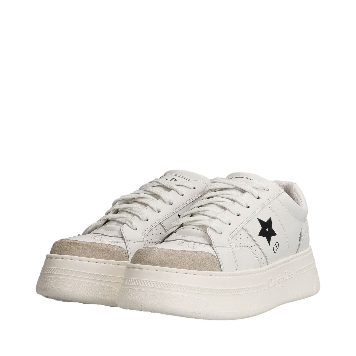 Leather/Suede Star Platform Sneakers White
