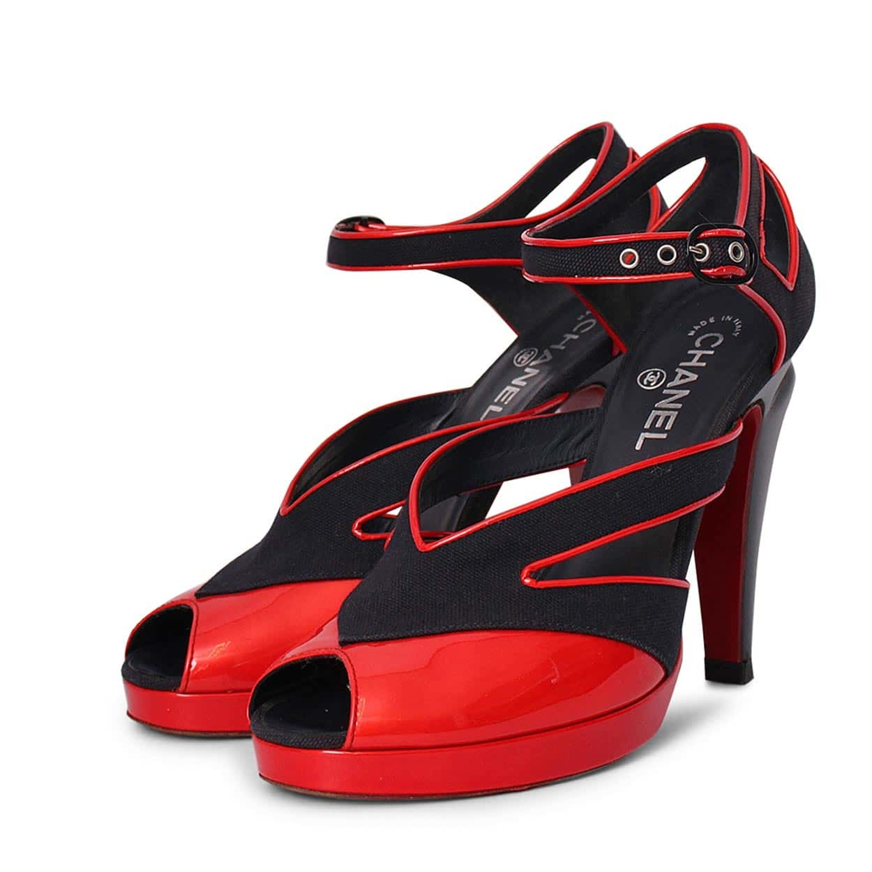 CHANEL Patent/Denim Open Toe Platform Sandals Red | Luxity