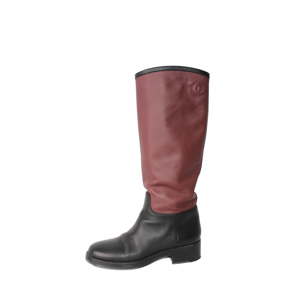 Leather Knee High Boots Black/Burgundy